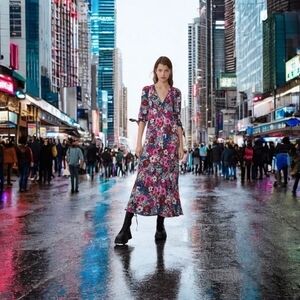 Women’s Dress ZARA Pink Blue Floral Dress V-Neck Knot Sleeves Flirty Maxi Dress